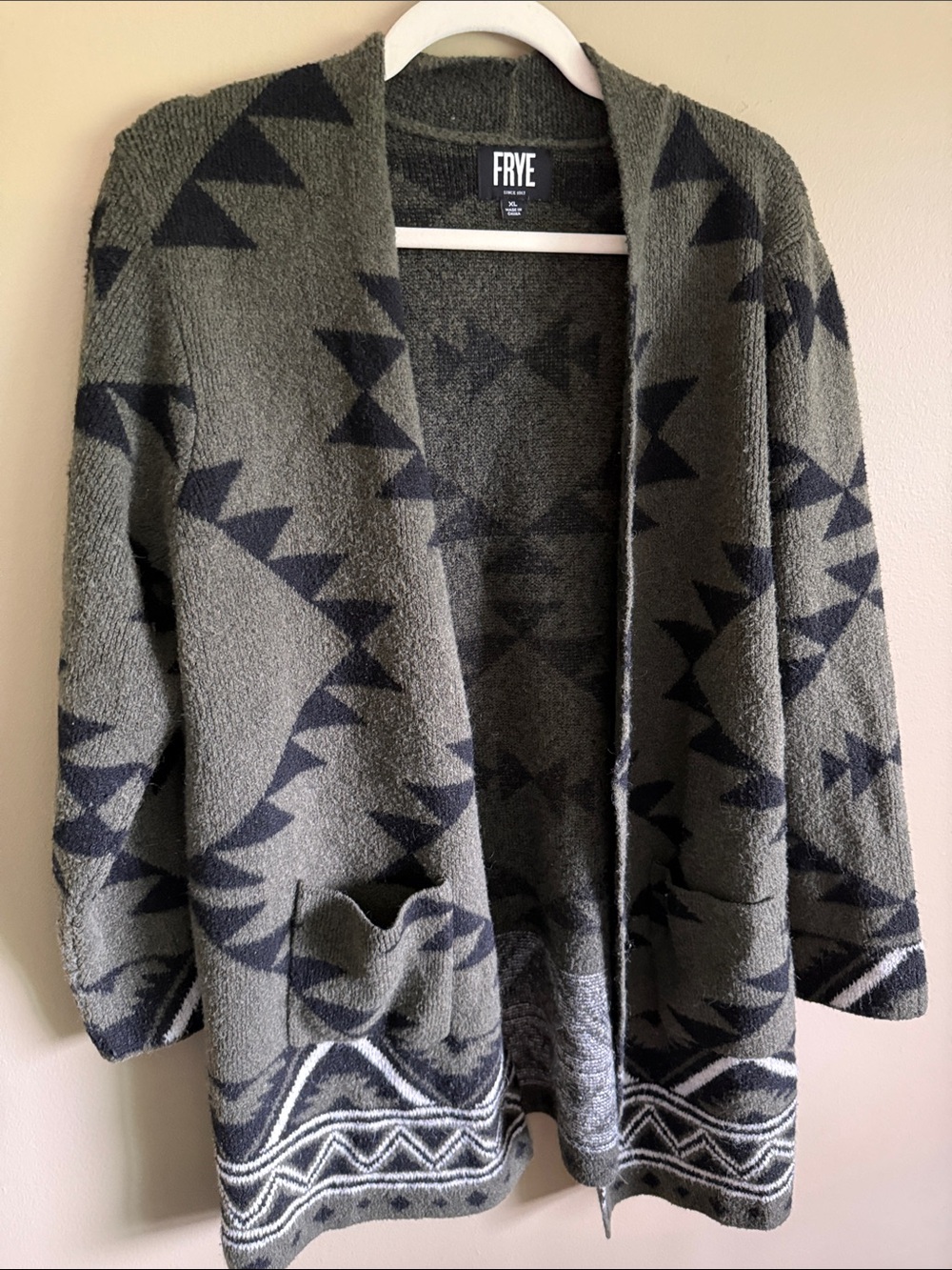 Frye Olive Green & Black Aztec Open Cardigan